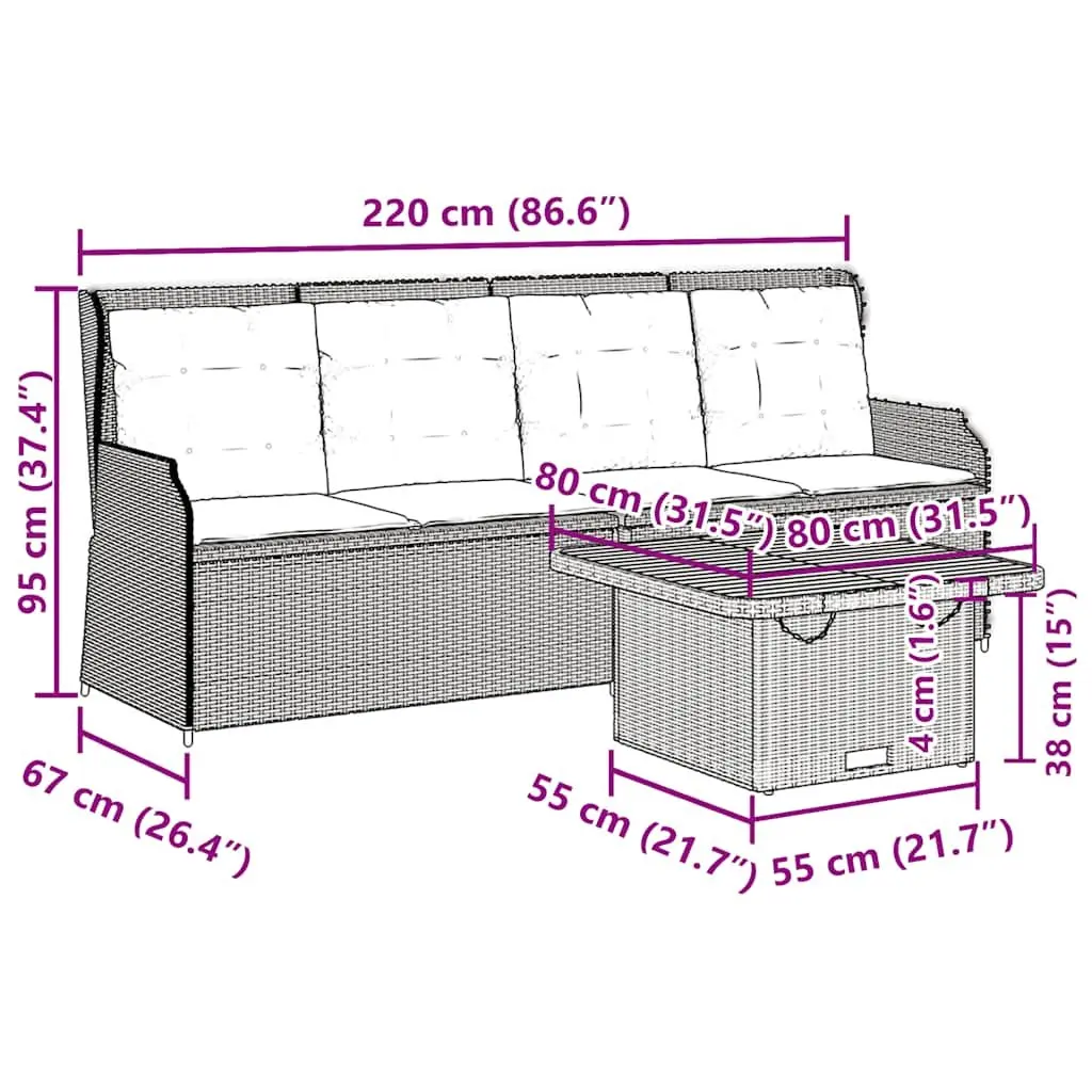 3 Piece Outdoor Lounge Set Grey with Cushions Adjustable Backrest Poly Rattan Table