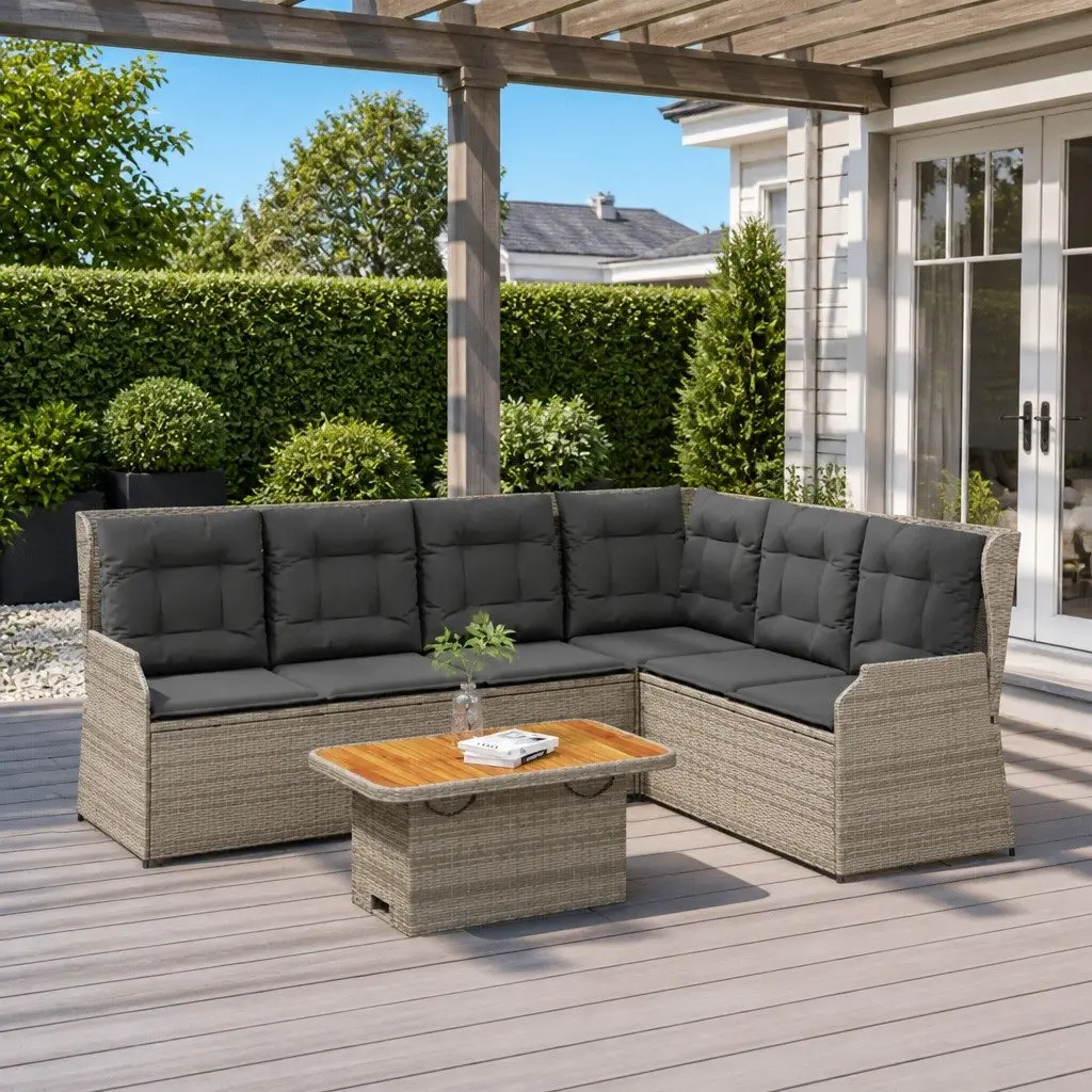 5 Piece Outdoor Lounge Set Grey Poly Rattan with Cushions Adjustable Backrest