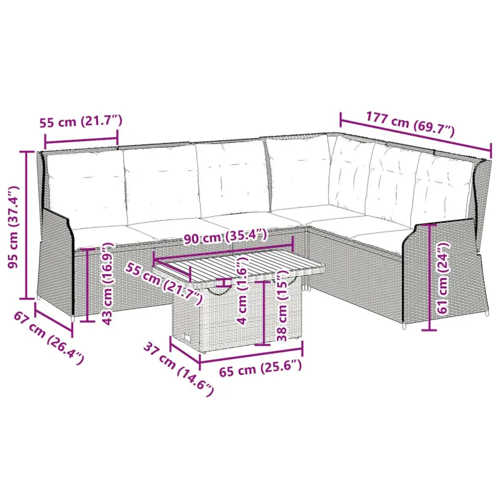 5 Piece Outdoor Lounge Set Grey Poly Rattan with Cushions Adjustable Backrest