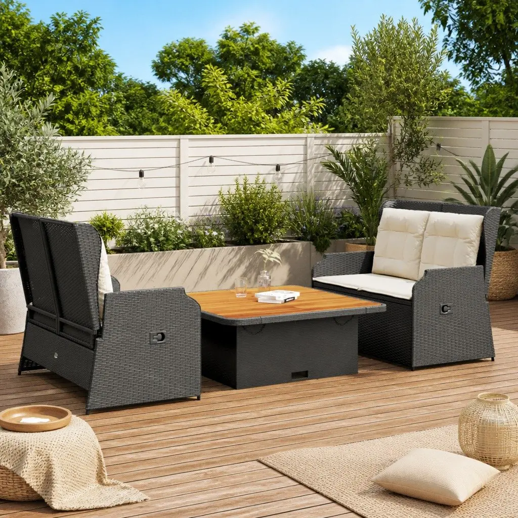 3 Piece Garden Lounge Set Black PE Rattan Frame Adjustable Backrest Thickly Padded Cushions Acacia Wood Table