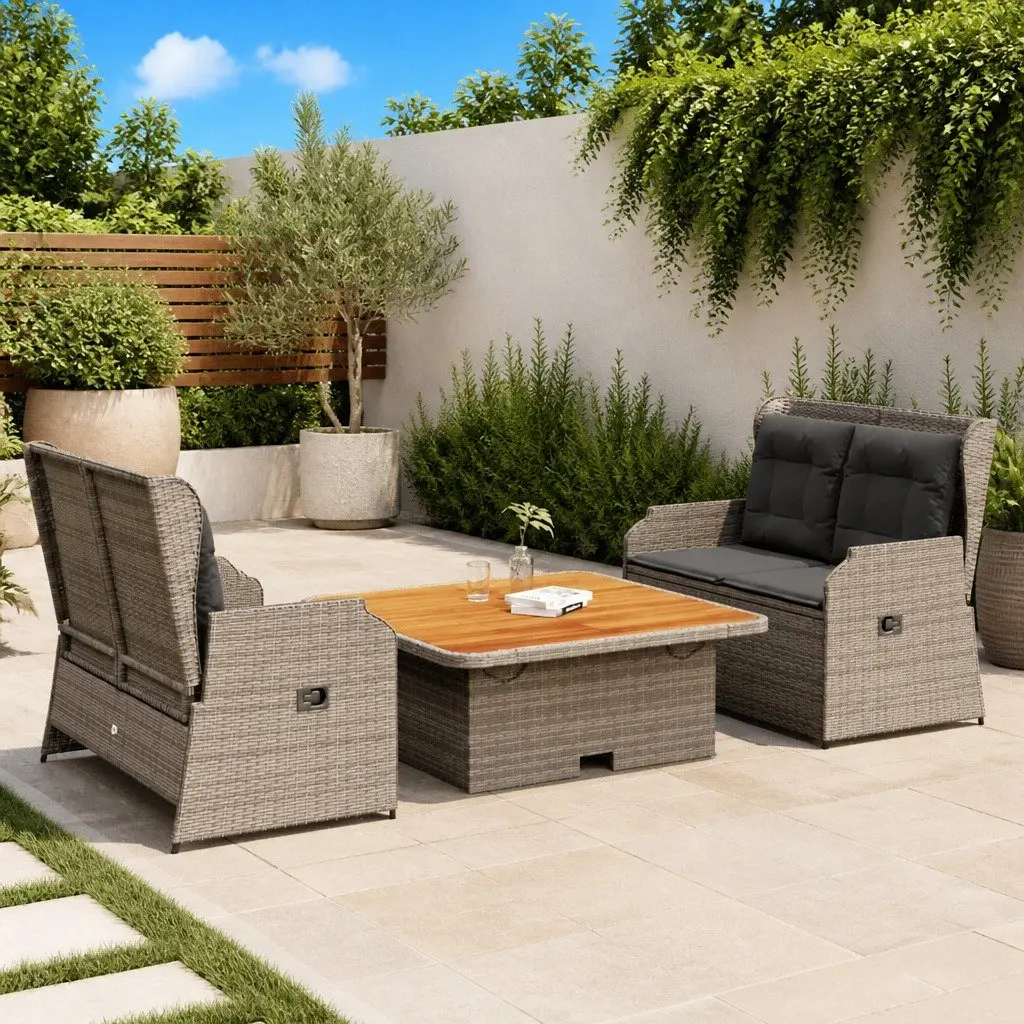 3 Piece Garden Lounge Set Grey Cushions Adjustable Backrest Outdoor Furniture