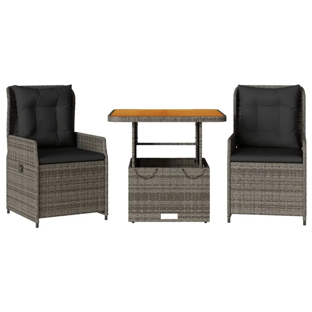 3 Piece Bistro Set Grey PE Rattan Adjustable Backrest Outdoor Furniture