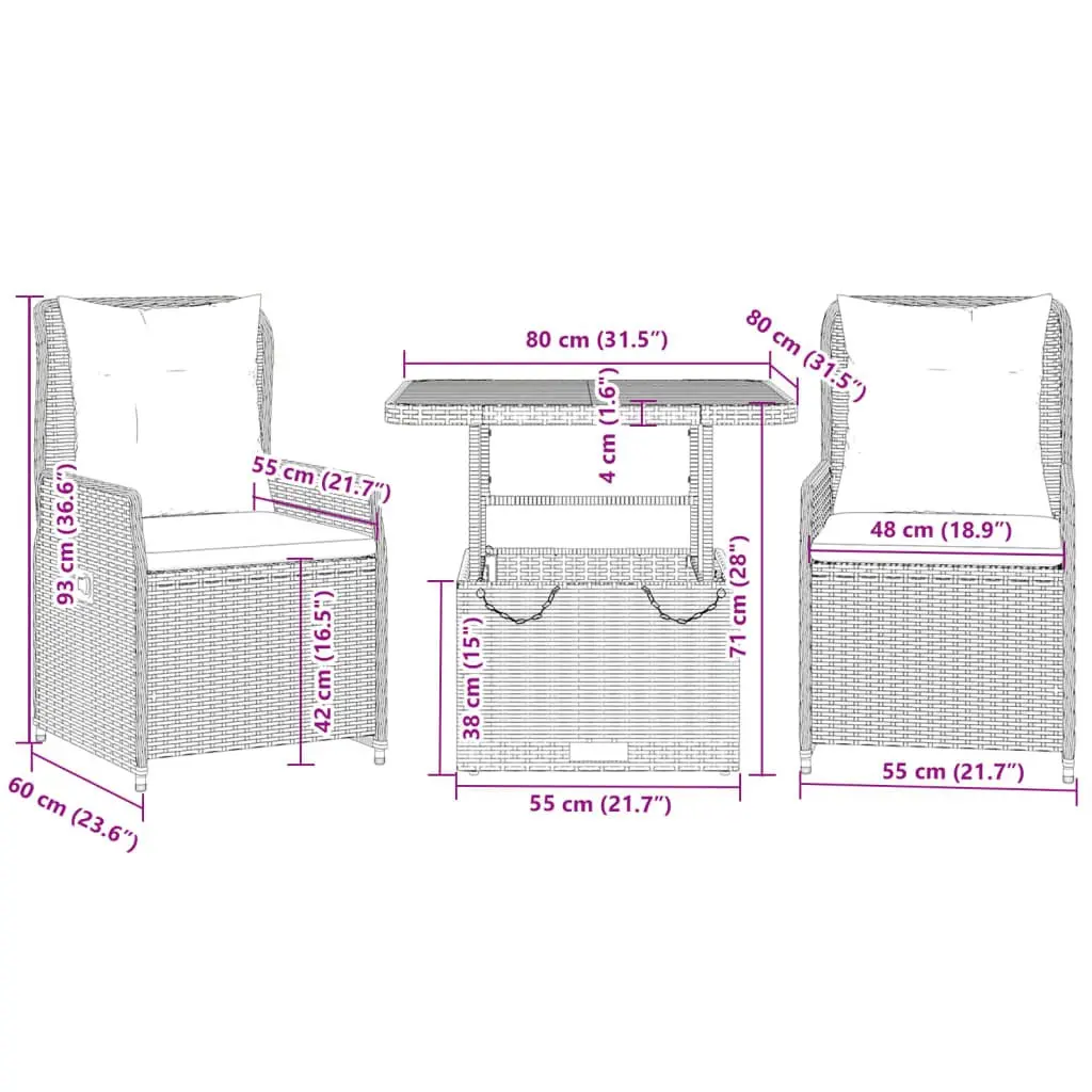 3 Piece Bistro Set Grey PE Rattan Adjustable Backrest Outdoor Furniture