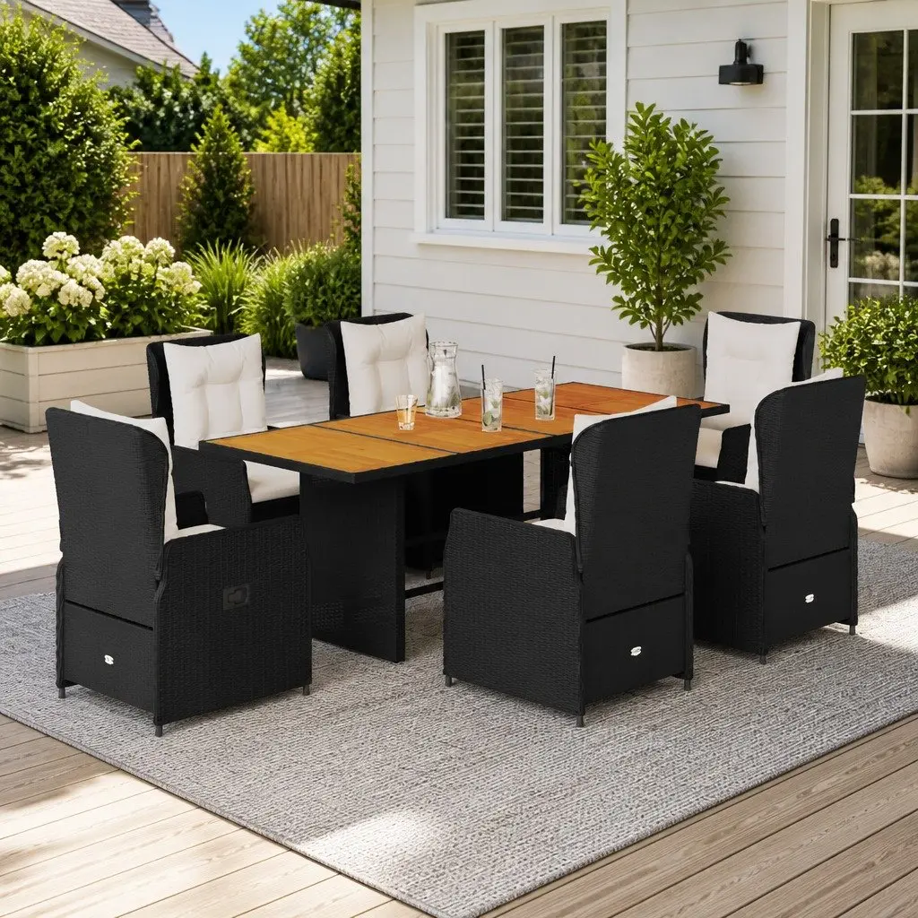 Garden Dining Set Black 7 Piece Outdoor Patio Furniture with Adjustable Backrest Thick Cushions and Acacia Wood Tabletop
