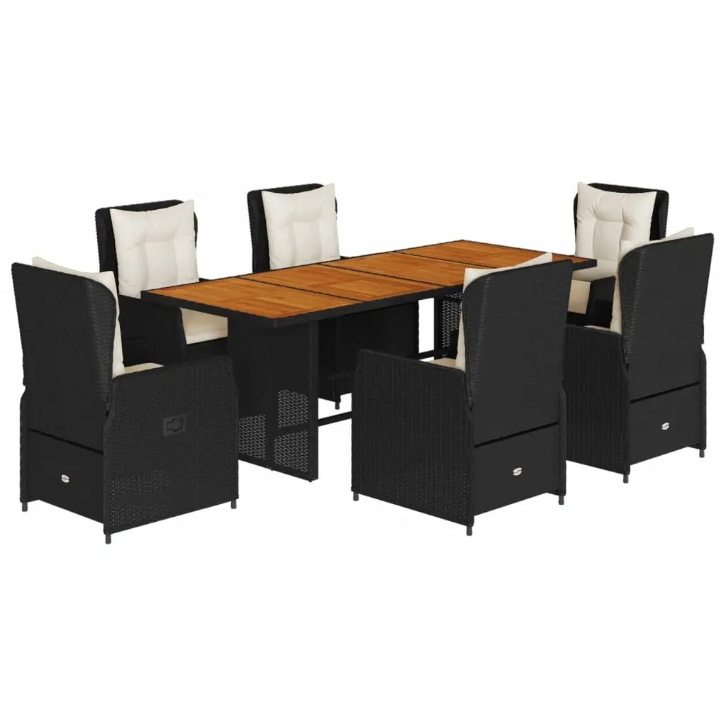 Garden Dining Set Black 7 Piece Outdoor Patio Furniture with Adjustable Backrest Thick Cushions and Acacia Wood Tabletop