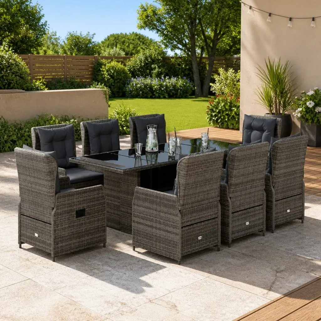 Garden Dining Set Grey 9 Piece Outdoor Patio Furniture with Cushions PE Rattan