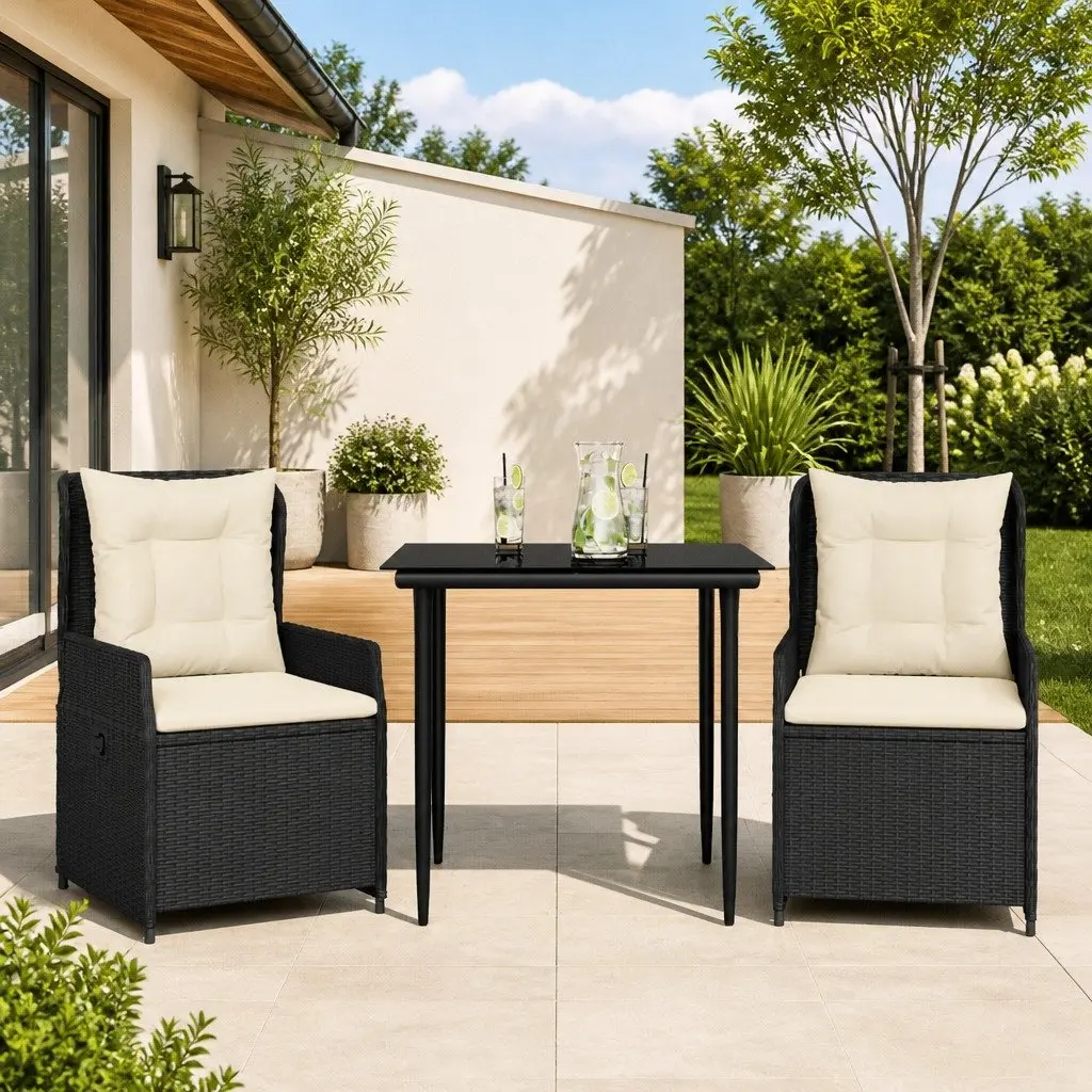 3 Piece Black Garden Dining Set with Cushions Adjustable Backrest Poly Rattan Chairs
