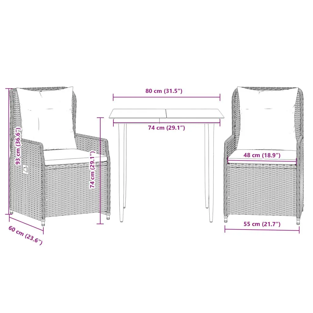 3 Piece Black Garden Dining Set with Cushions Adjustable Backrest Poly Rattan Chairs