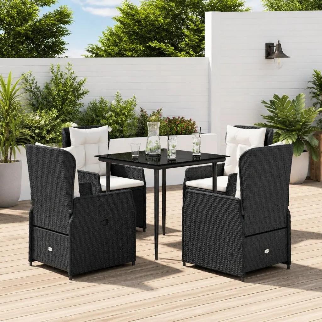 5 Piece Outdoor Garden Dining Set Black PE Rattan Cushions Tempered Glass Table