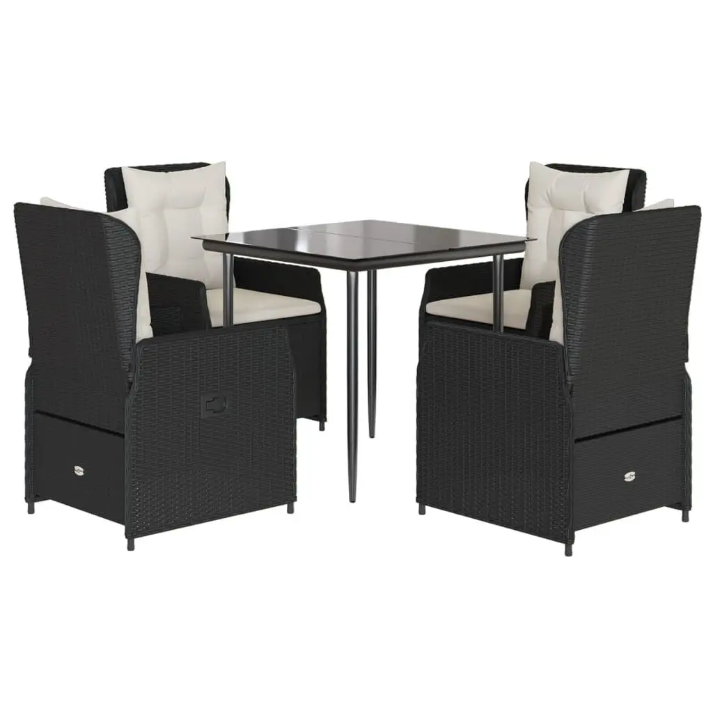 5 Piece Outdoor Garden Dining Set Black PE Rattan Cushions Tempered Glass Table