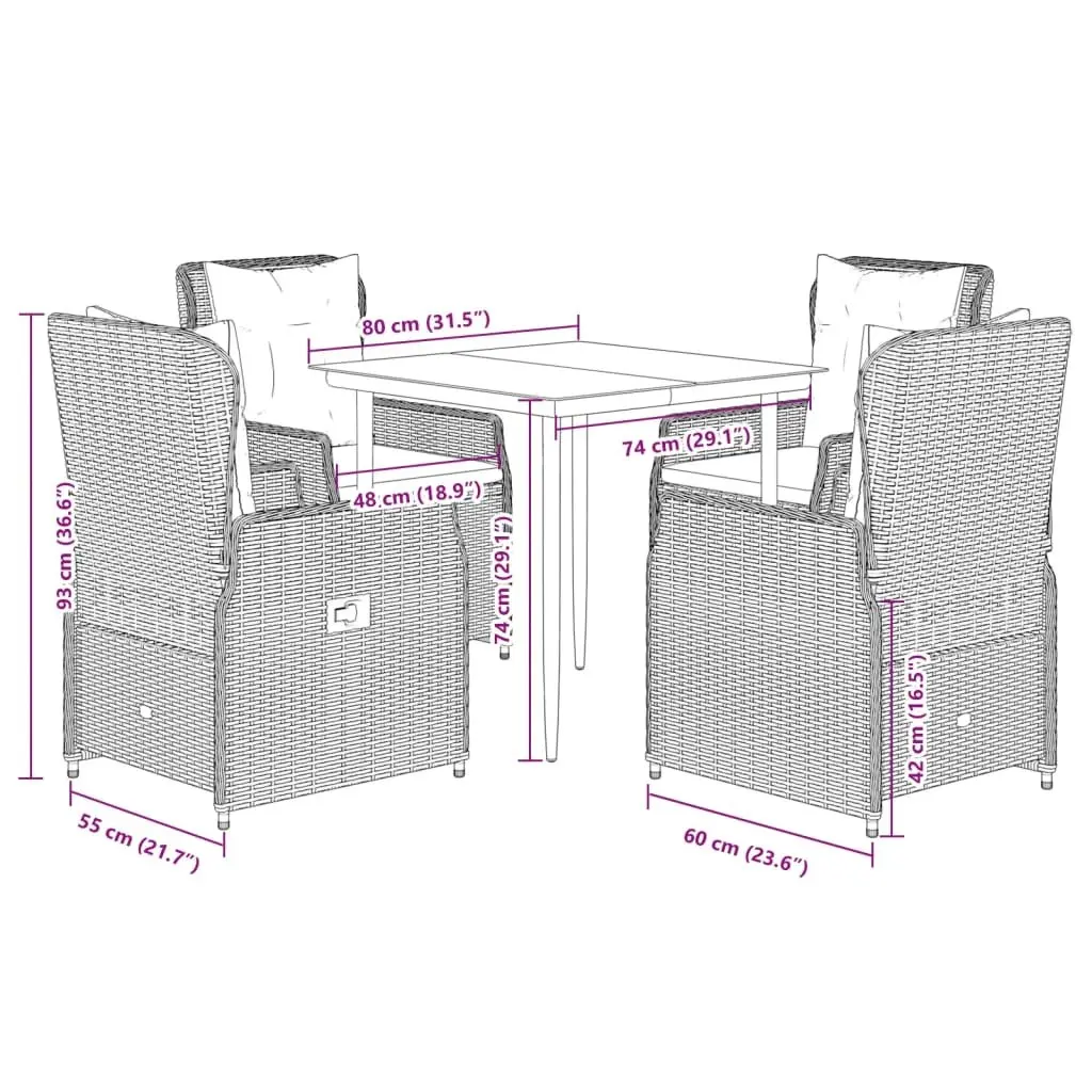 5 Piece Outdoor Garden Dining Set Black PE Rattan Cushions Tempered Glass Table