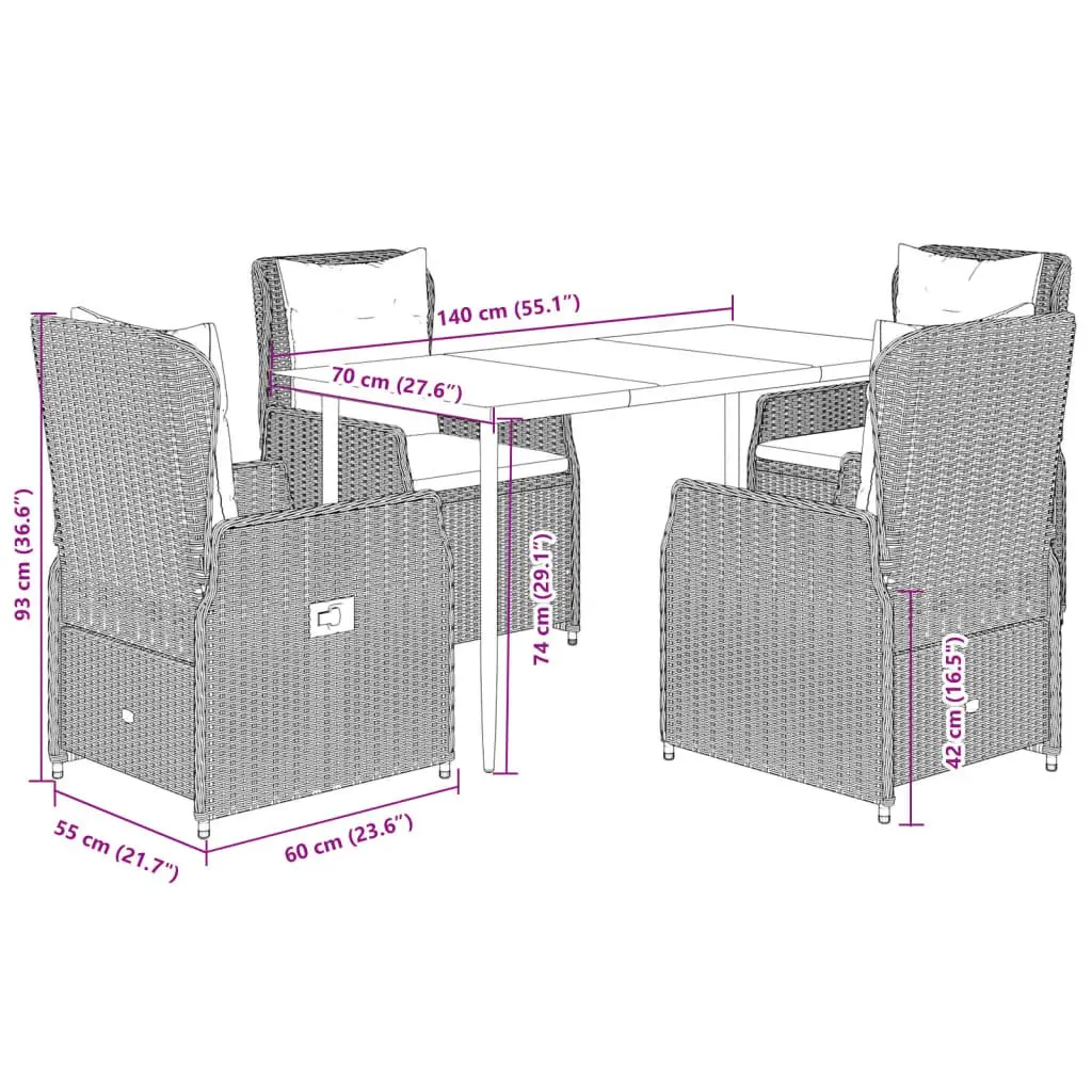 5 Piece Outdoor Garden Dining Set Black Adjustable Backrest Tempered Glass