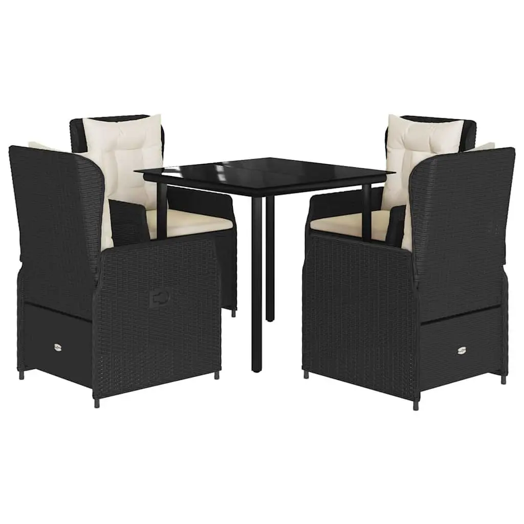 Black Garden Dining Set 5 Piece Outdoor Patio Furniture with Cushions Adjustable Backrest Tempered Glass Tabletop