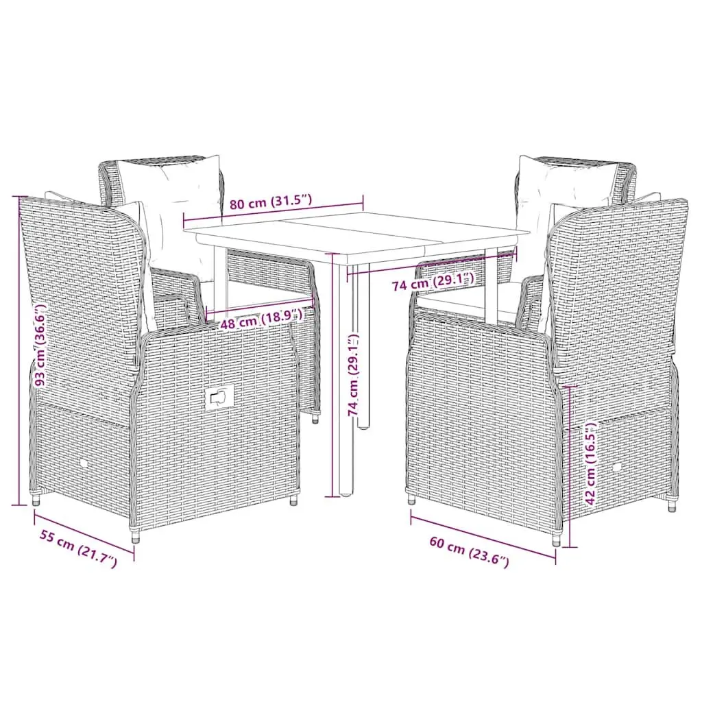 Black Garden Dining Set 5 Piece Outdoor Patio Furniture with Cushions Adjustable Backrest Tempered Glass Tabletop