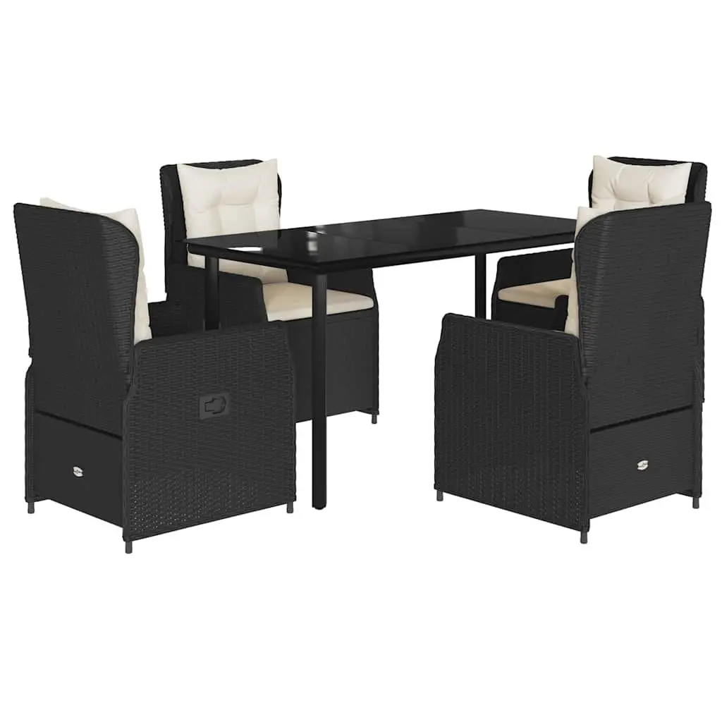 5 Piece Outdoor Dining Set Black Poly Rattan Adjustable Backrest Cushions