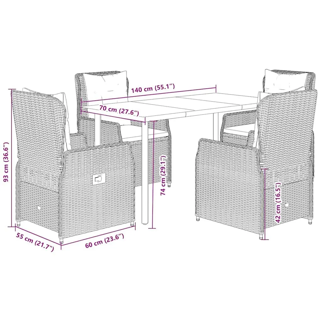 5 Piece Outdoor Dining Set Black Poly Rattan Adjustable Backrest Cushions
