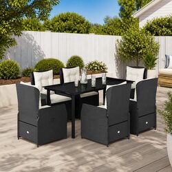 7 Piece Garden Dining Set Black Poly Rattan Outdoor Furniture with Cushions
