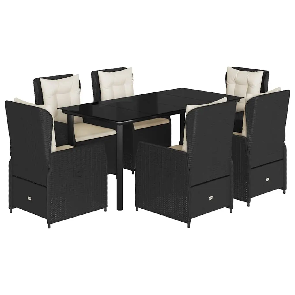7 Piece Outdoor Dining Set Black Rattan Furniture with Cushions Adjustable Backrest Tempered Glass Top