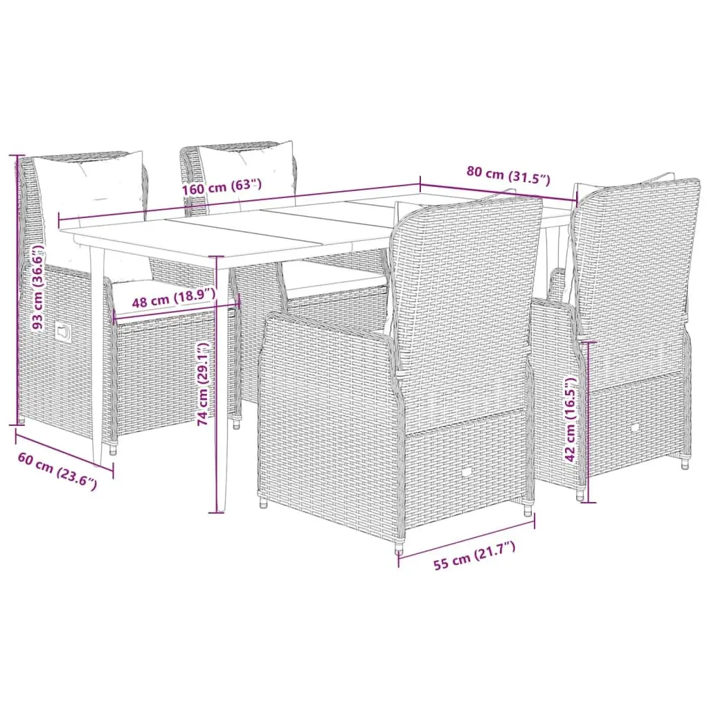 Garden Dining Set 5 Piece Outdoor Furniture Grey Poly Rattan with Cushions Patio