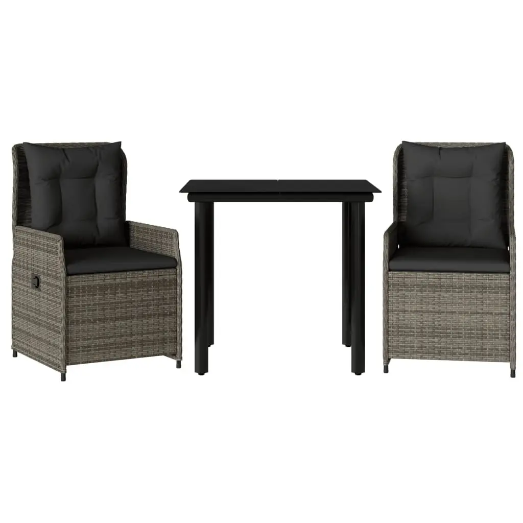 Garden Dining Set 3 Piece Outdoor Furniture Grey Poly Rattan Cushions Patio