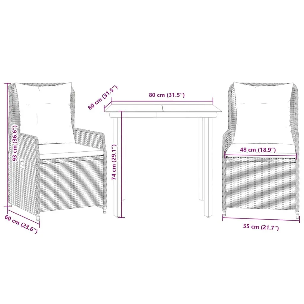 Garden Dining Set 3 Piece Outdoor Furniture Grey Poly Rattan Cushions Patio