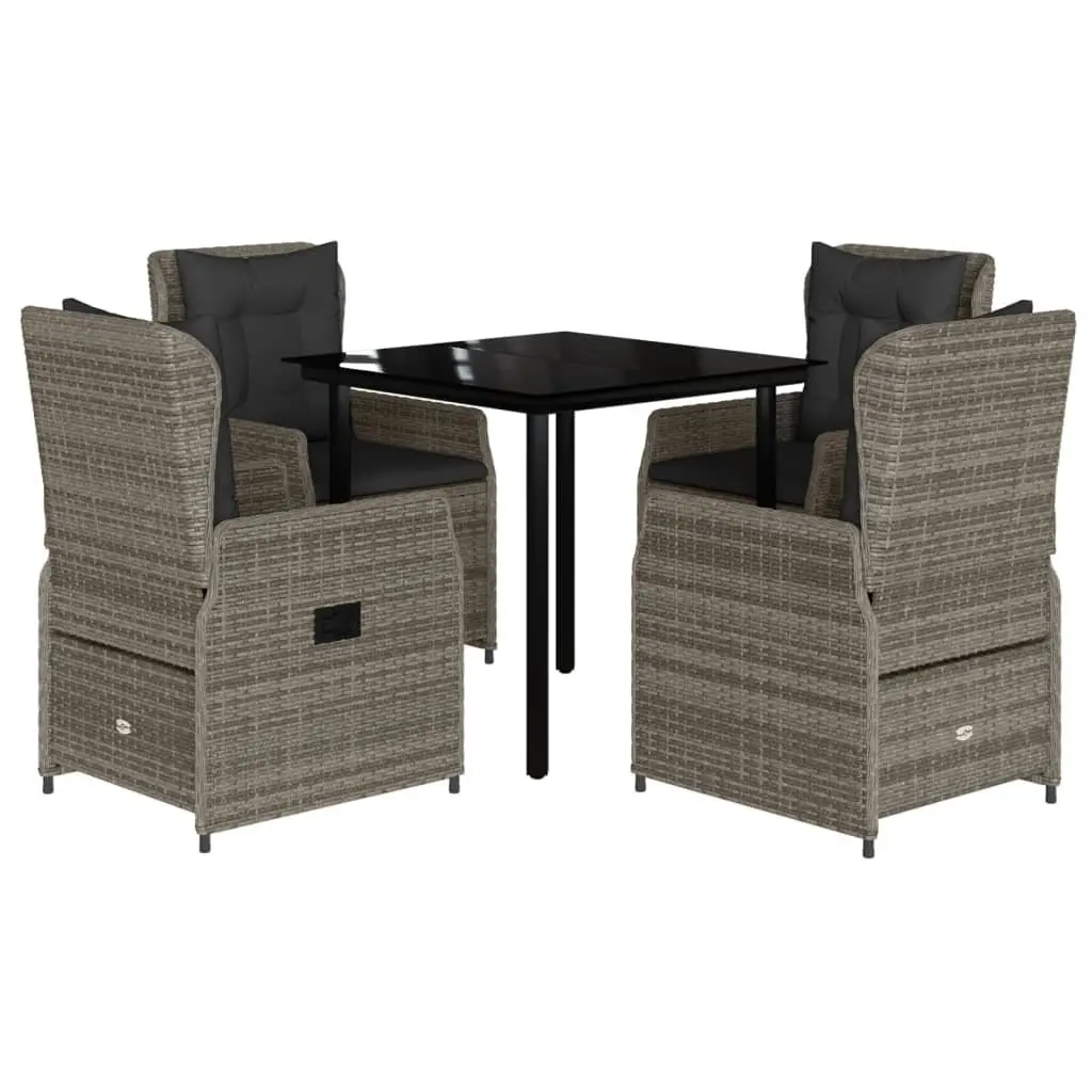 Garden Dining Set Grey 5 Piece Outdoor Furniture Adjustable Backrest Cushions Tempered Glass Table