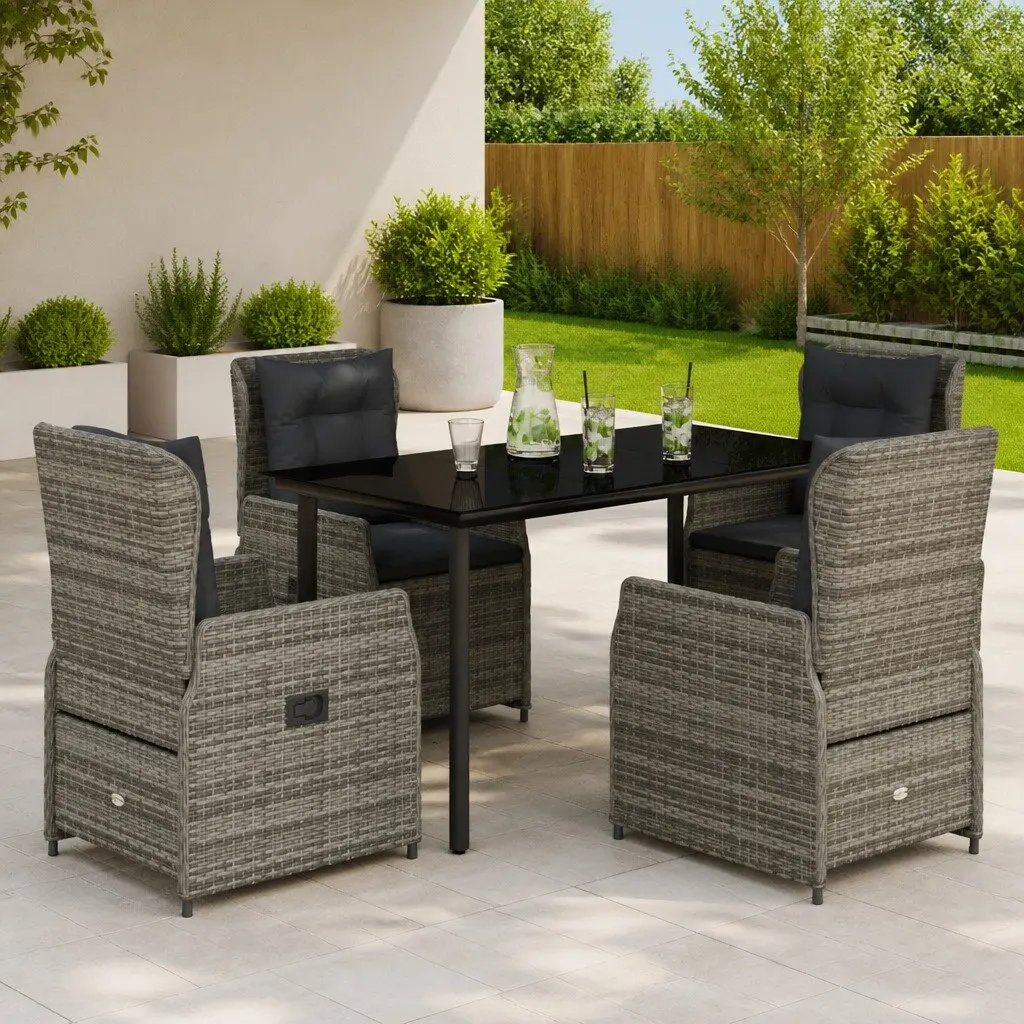 Garden Dining Set 5 Piece Outdoor Furniture Grey Poly Rattan Adjustable Backrest