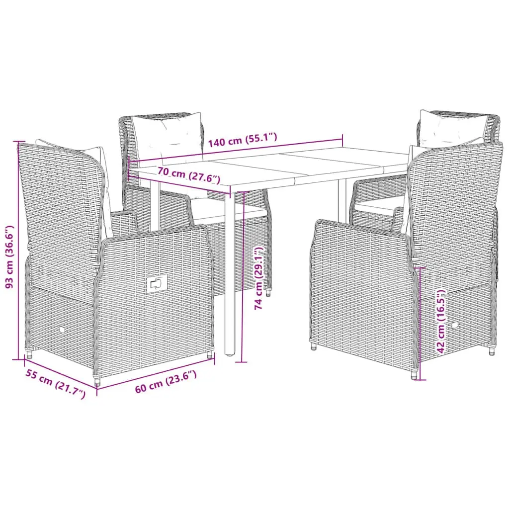 Garden Dining Set 5 Piece Outdoor Furniture Grey Poly Rattan Adjustable Backrest
