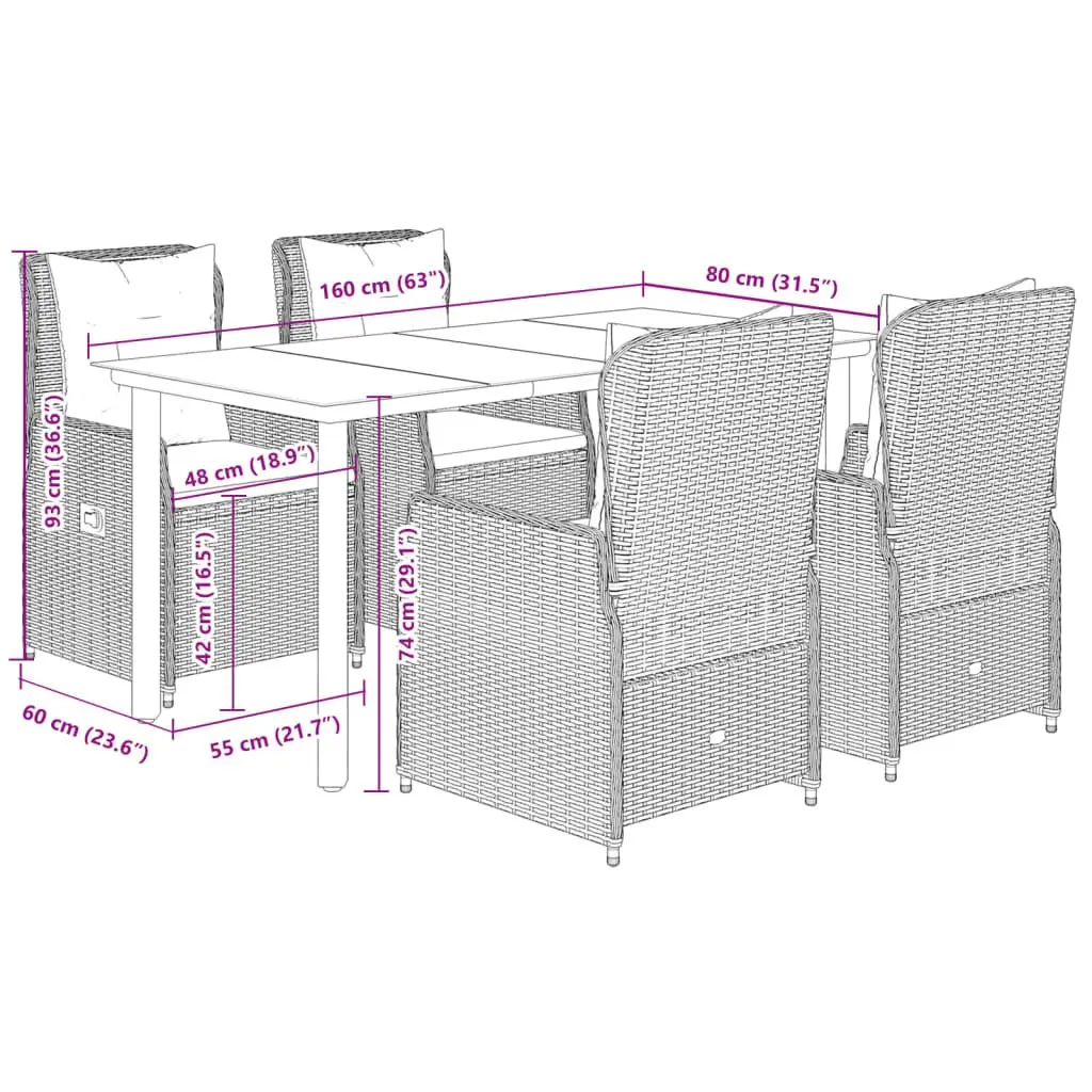 5 Piece Garden Dining Set Outdoor Furniture Grey Poly Rattan with Cushions Patio
