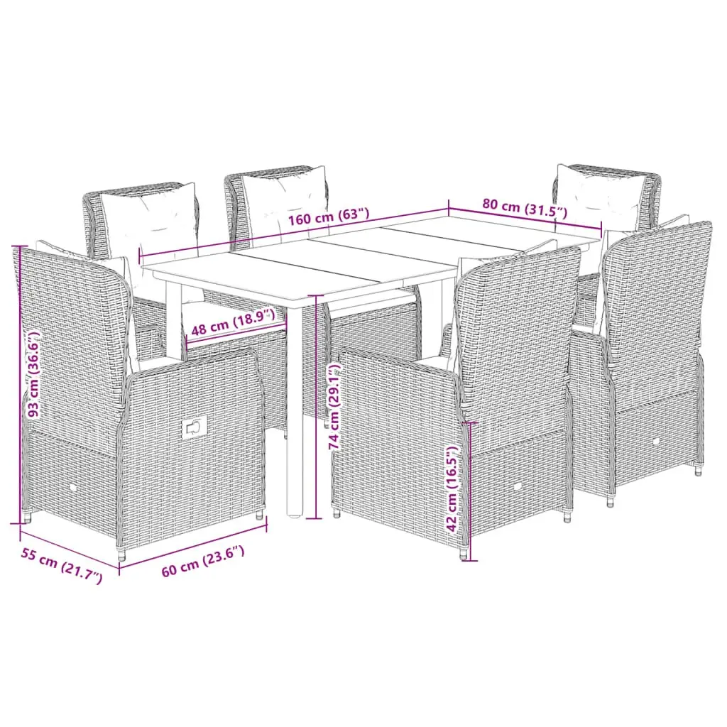 Outdoor Dining Set Grey 7 Piece Poly Rattan with Cushions