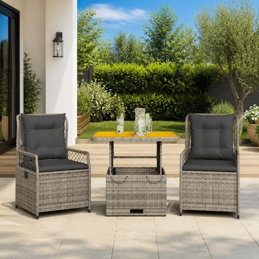 3 Piece Garden Dining Set Grey Adjustable Backrest Cushions Poly Rattan