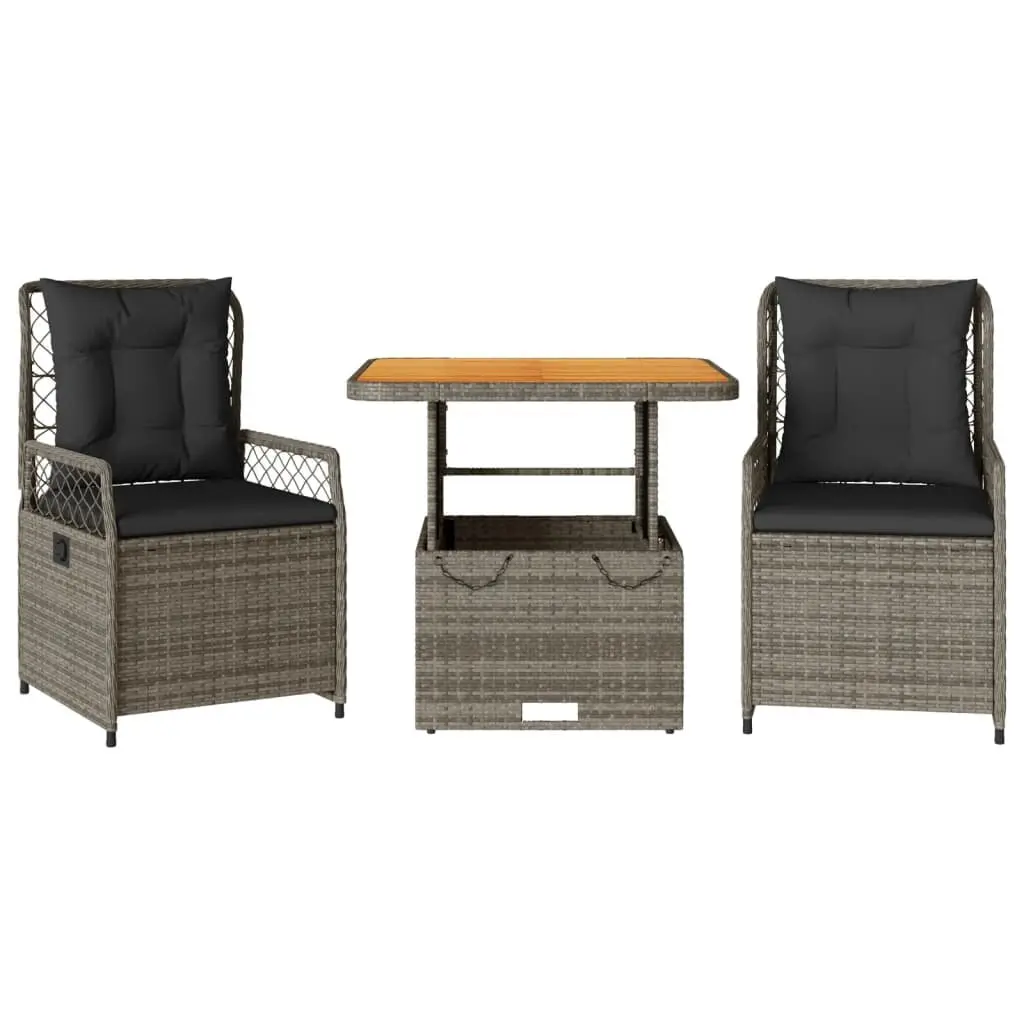3 Piece Garden Dining Set Grey Adjustable Backrest Cushions Poly Rattan