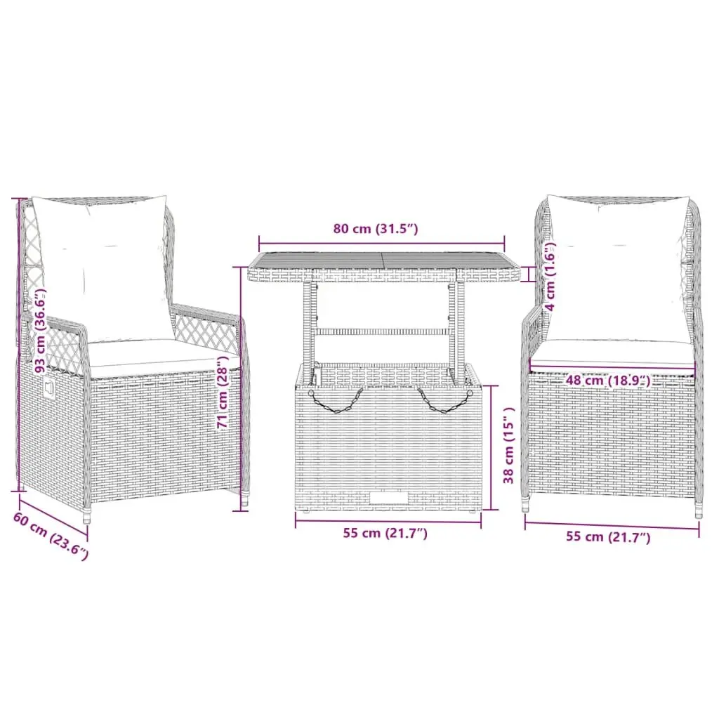 3 Piece Garden Dining Set Grey Adjustable Backrest Cushions Poly Rattan