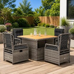 5-Piece Garden Dining Set with Cushions Grey PE Rattan Outdoor Furniture Patio