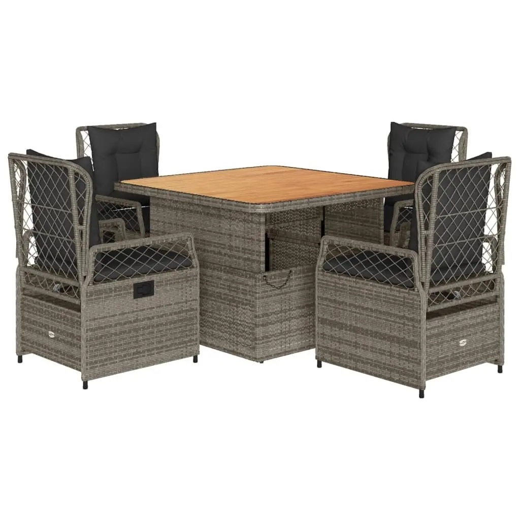 5 Piece Garden Dining Set Grey PE Rattan Outdoor Furniture with Cushions Adjustable Backrest and Tabletop