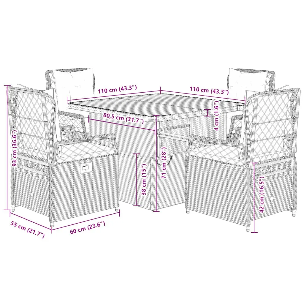 5 Piece Garden Dining Set Grey PE Rattan Outdoor Furniture with Cushions Adjustable Backrest and Tabletop