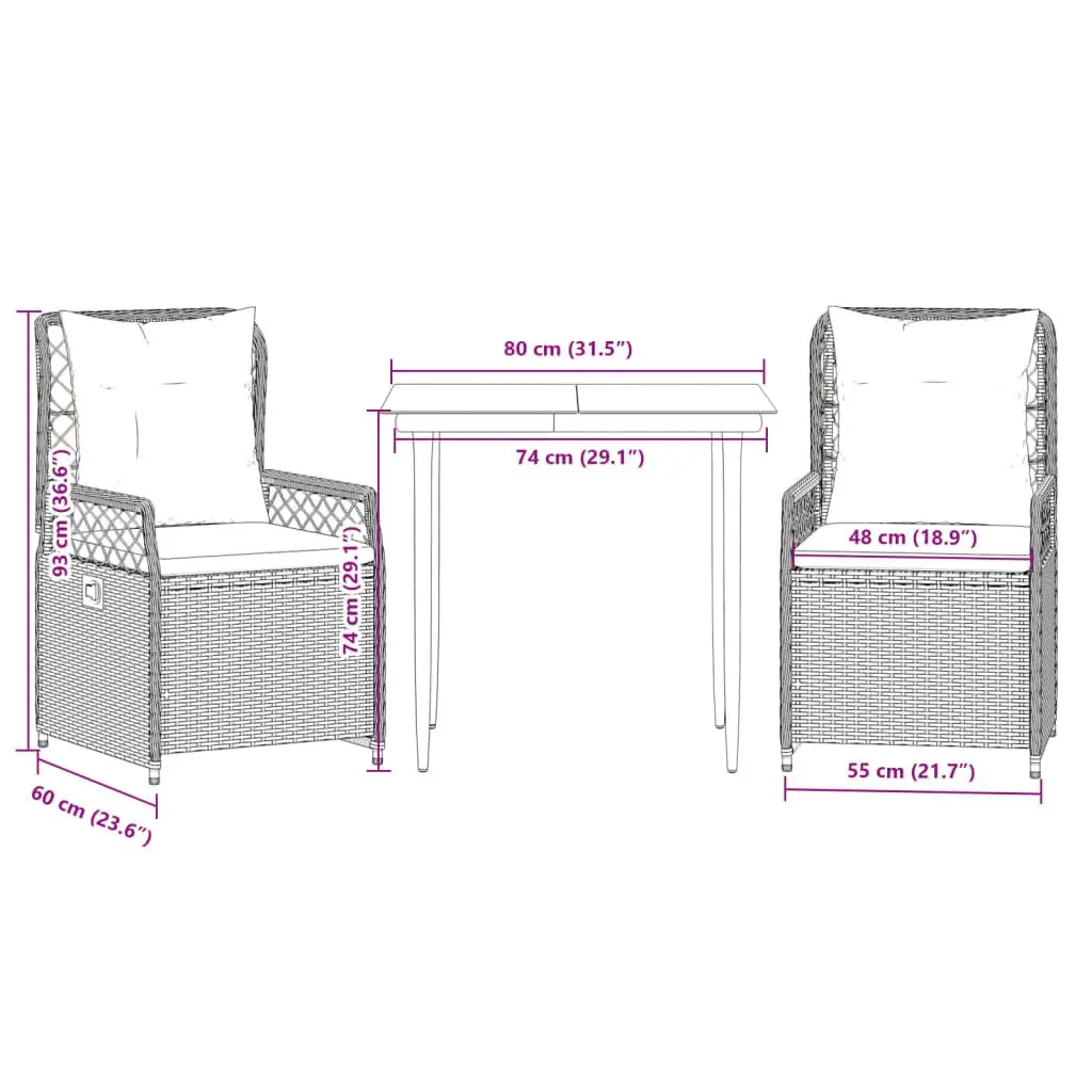 Garden Dining Set 3 Piece Outdoor Furniture with Cushions Black Poly Rattan