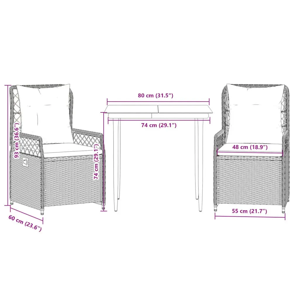 Garden Dining Set Grey 3 Piece Outdoor Furniture Poly Rattan with Cushions