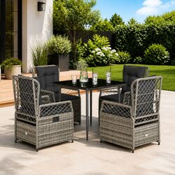 5 Piece Outdoor Dining Set Grey Poly Rattan Cushions Glass Top Patio Furniture