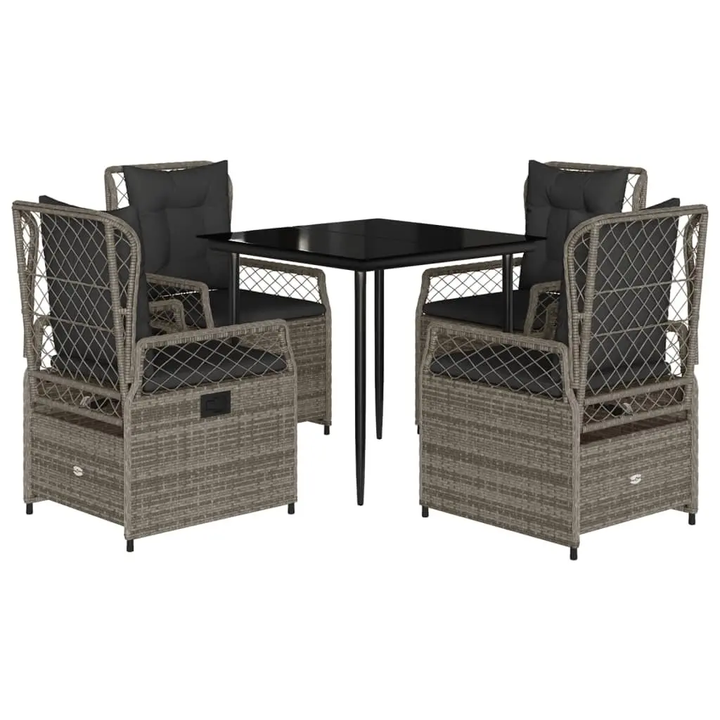 5 Piece Outdoor Dining Set Grey Poly Rattan Cushions Glass Top Patio Furniture