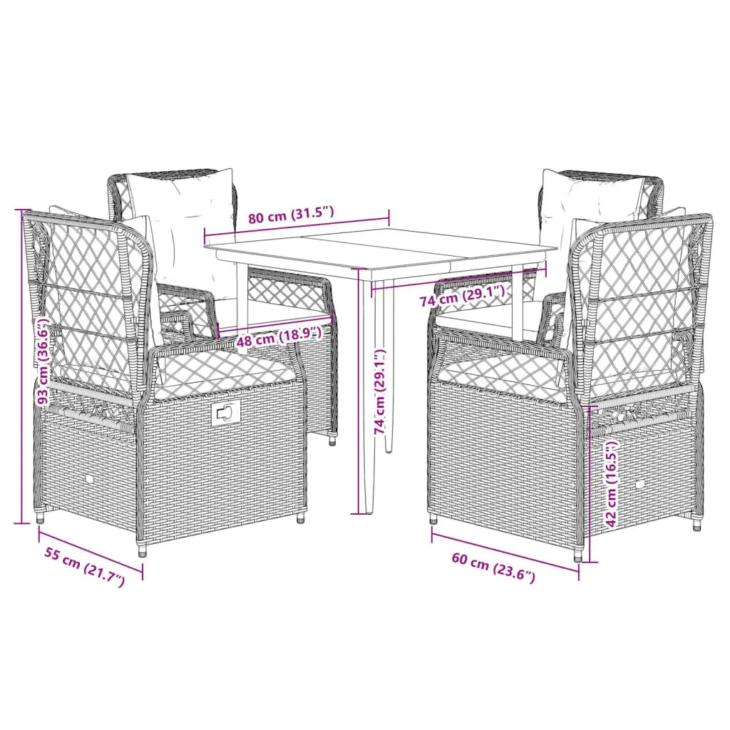 5 Piece Outdoor Dining Set Grey Poly Rattan Cushions Glass Top Patio Furniture