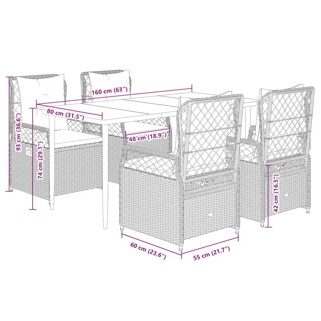 Garden Dining Set Grey 5 Piece Outdoor Furniture Poly Rattan Adjustable Backrest