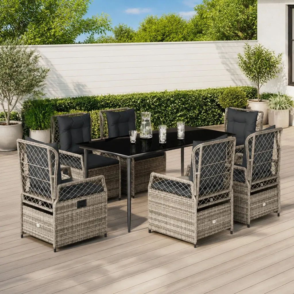 7 Piece Garden Dining Set Grey Poly Rattan Outdoor Furniture with Cushions Adjustable Backrest