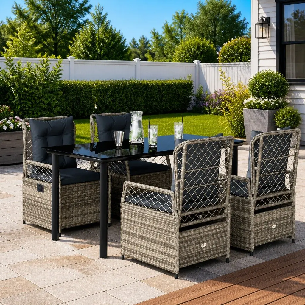 Garden Dining Set 5 Piece Outdoor Furniture Grey Poly Rattan Cushions Glass