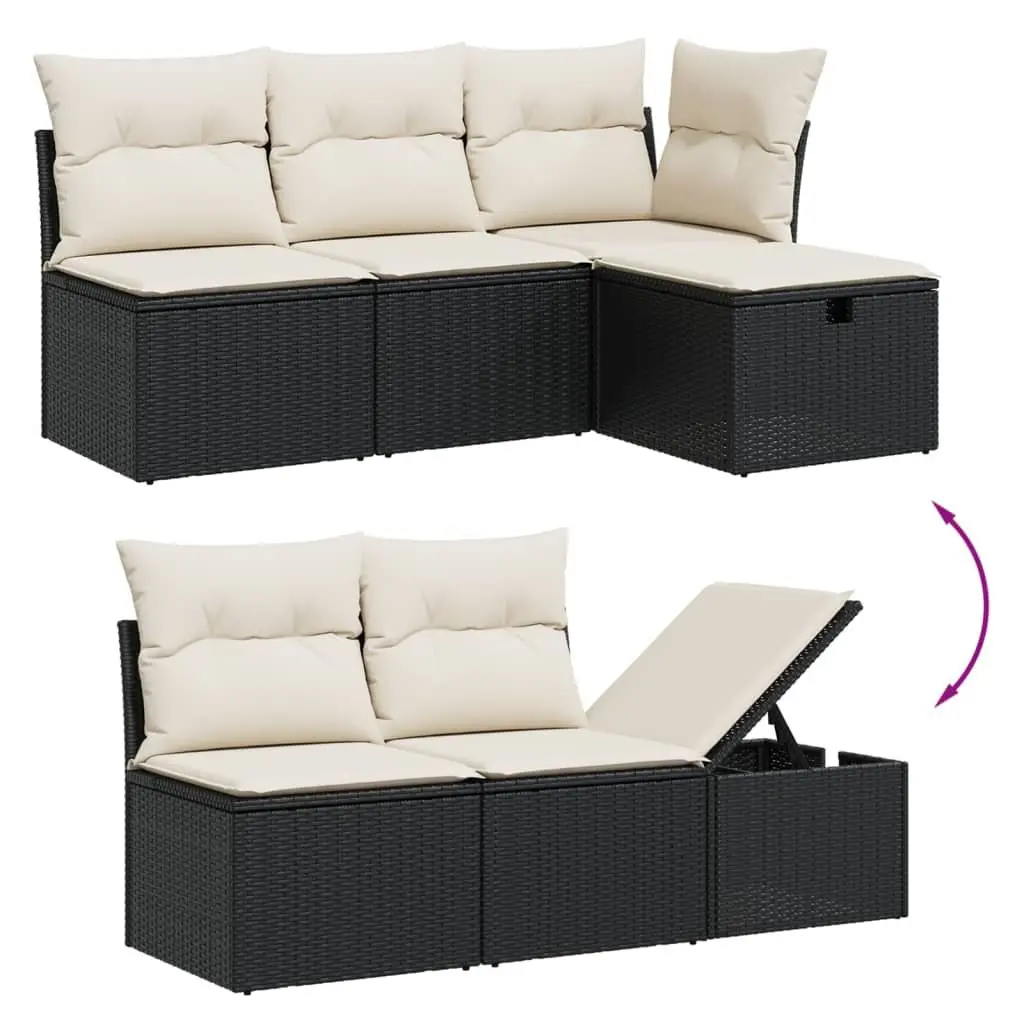 5 Piece Modular Sofa Set Black Poly Rattan Outdoor Furniture with Cushions for Garden and Patio