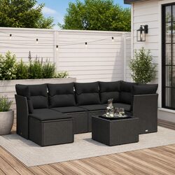 7 Piece Garden Sofa Set Black Poly Rattan Patio Outdoor Furniture with Cushions