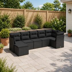 7 Piece Garden Sofa Set Outdoor Patio Furniture Black Poly Rattan Cushions