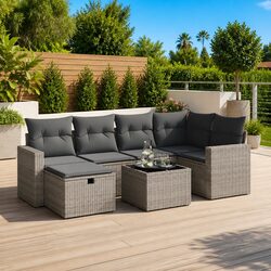 Garden Sofa Set 7 Piece Outdoor Furniture Grey Poly Rattan with Cushions Patio