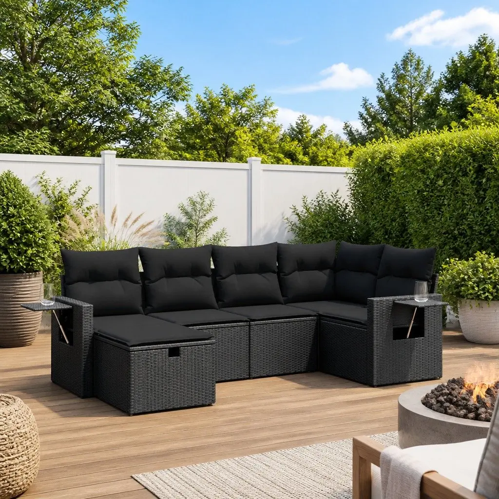 6-Piece Black Patio Sofa Set with Cushions