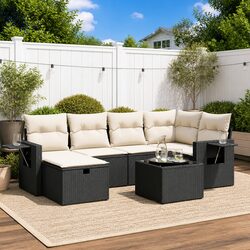 7 Piece Garden Sofa Set Outdoor Furniture Patio Sectional Black Poly Rattan